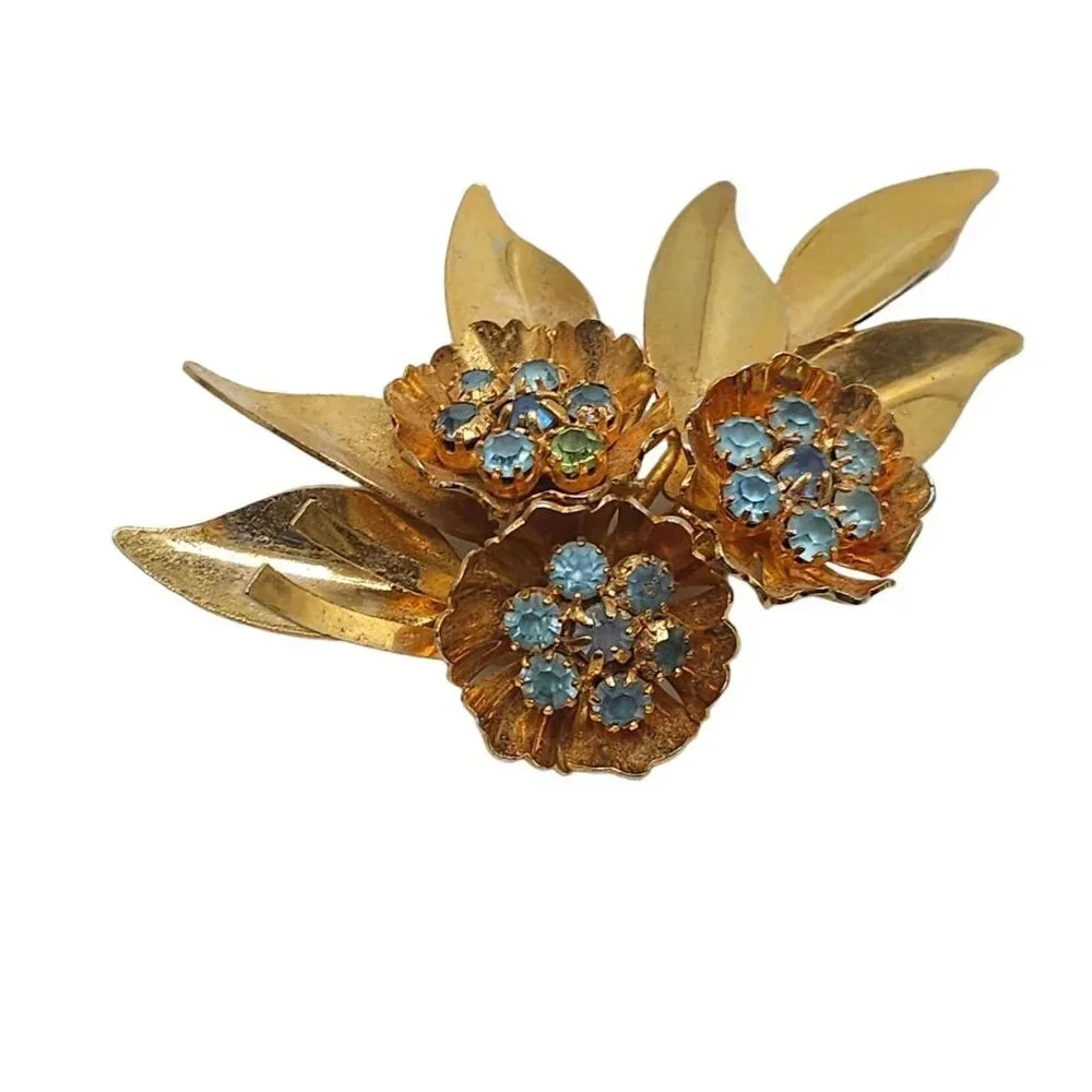 Blue Rhinestone Flower Leaf Branch Brooch Pin Gold Tone Vintage 1940s